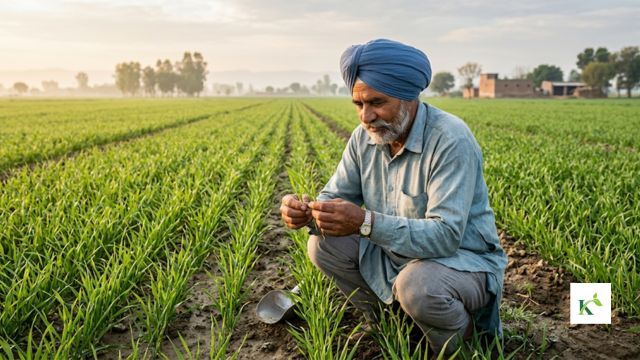 A kisaan examining gehun plants in a field